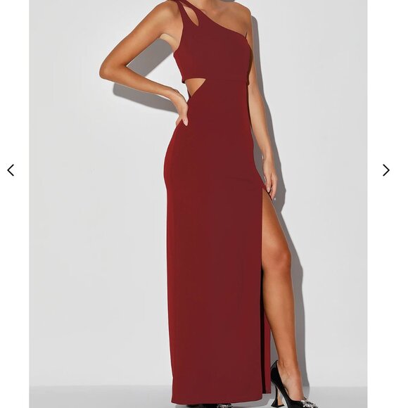 Burgundy One Shoulder Side Cutout Maxi Dress - Picture 1 of 3